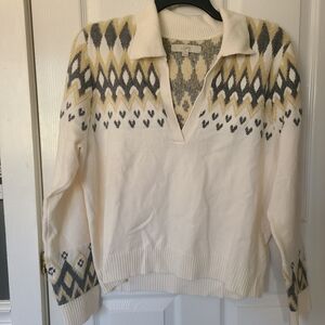 LOFT Cream V-Neck Sweater with Gray and Yellow Accents